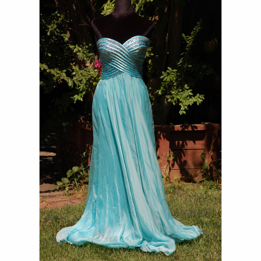 La Femme Light Blue Strapless Beaded Prom Dress